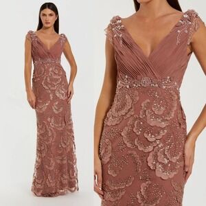 NEW Mac Duggal Pink Floral Beaded Chiffon V-Neck Evening Gown $698 - Size 6